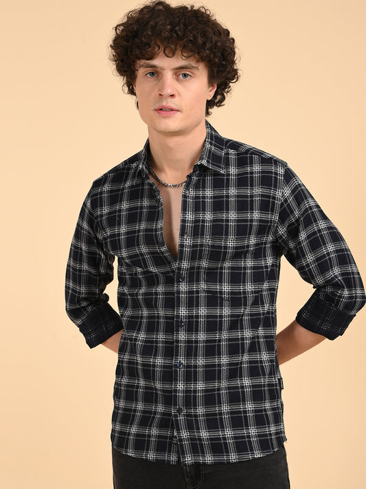 Dobby Checks Navy Cotton Casual Shirt