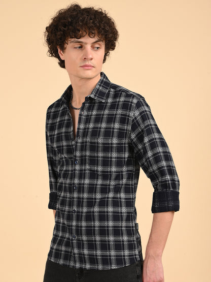 Dobby Checks Navy Cotton Casual Shirt