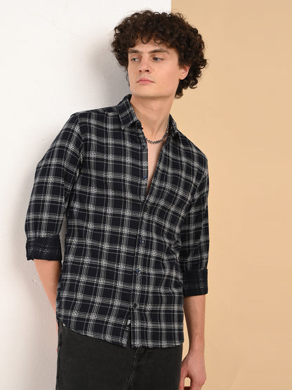 Dobby Checks Navy Cotton Casual Shirt