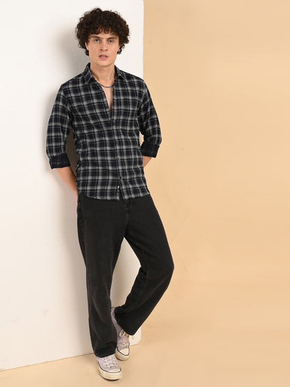 Dobby Checks Navy Cotton Casual Shirt