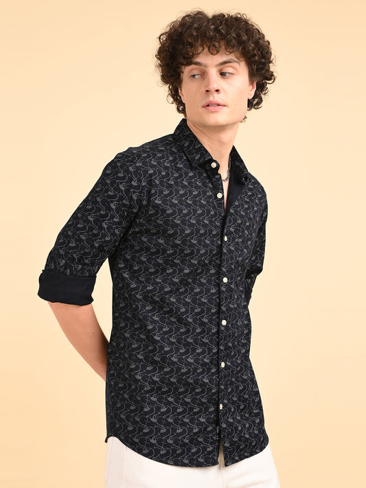 Twill Navy Printed Casual Shirt