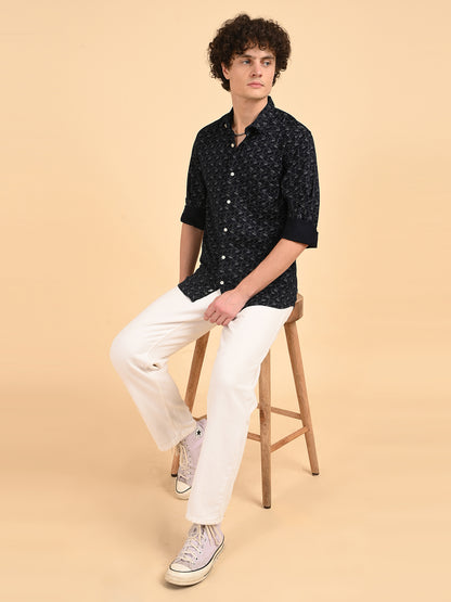 Twill Navy Printed Casual Shirt