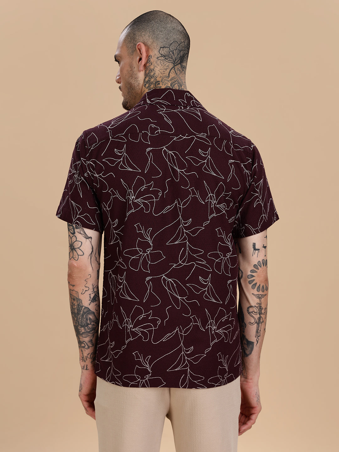 Maroon Cotton Linen Printed Shirt