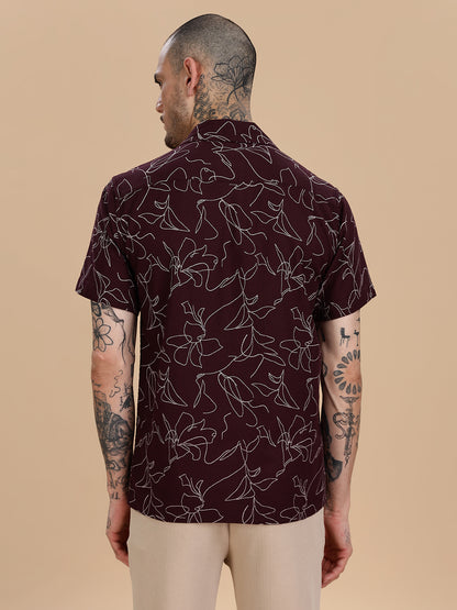 Maroon Cotton Linen Printed Shirt
