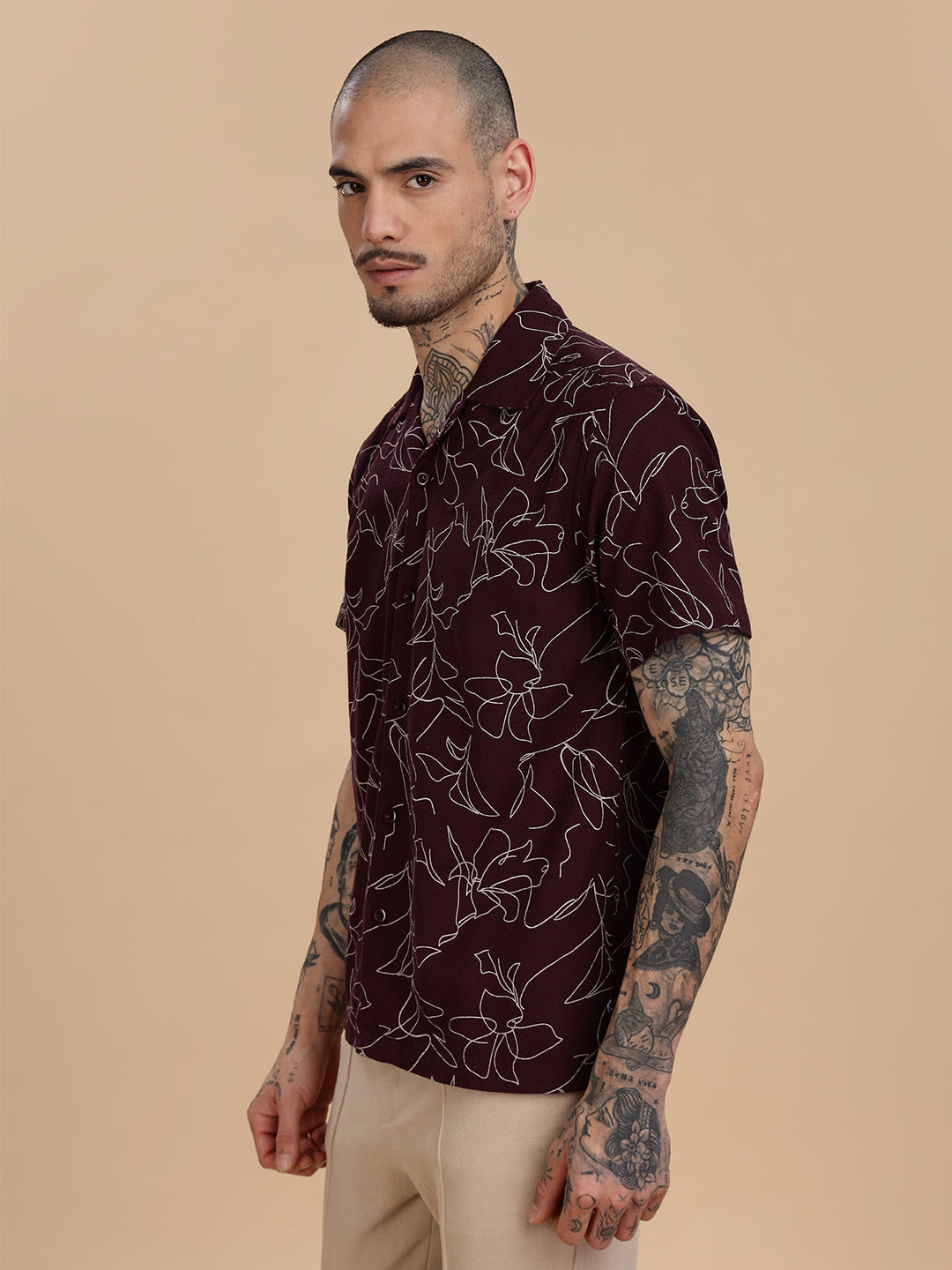 Maroon Cotton Linen Printed Shirt