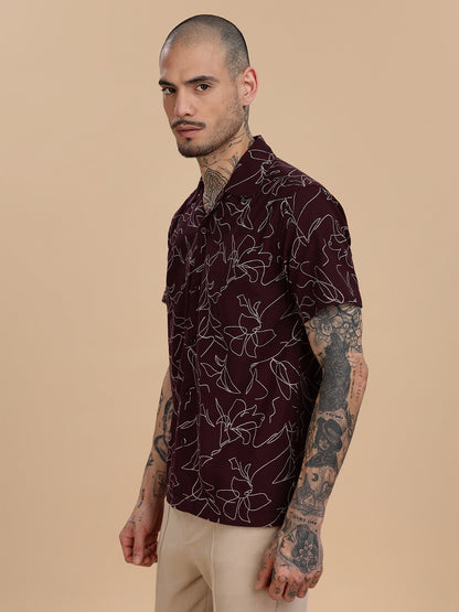 Maroon Cotton Linen Printed Shirt