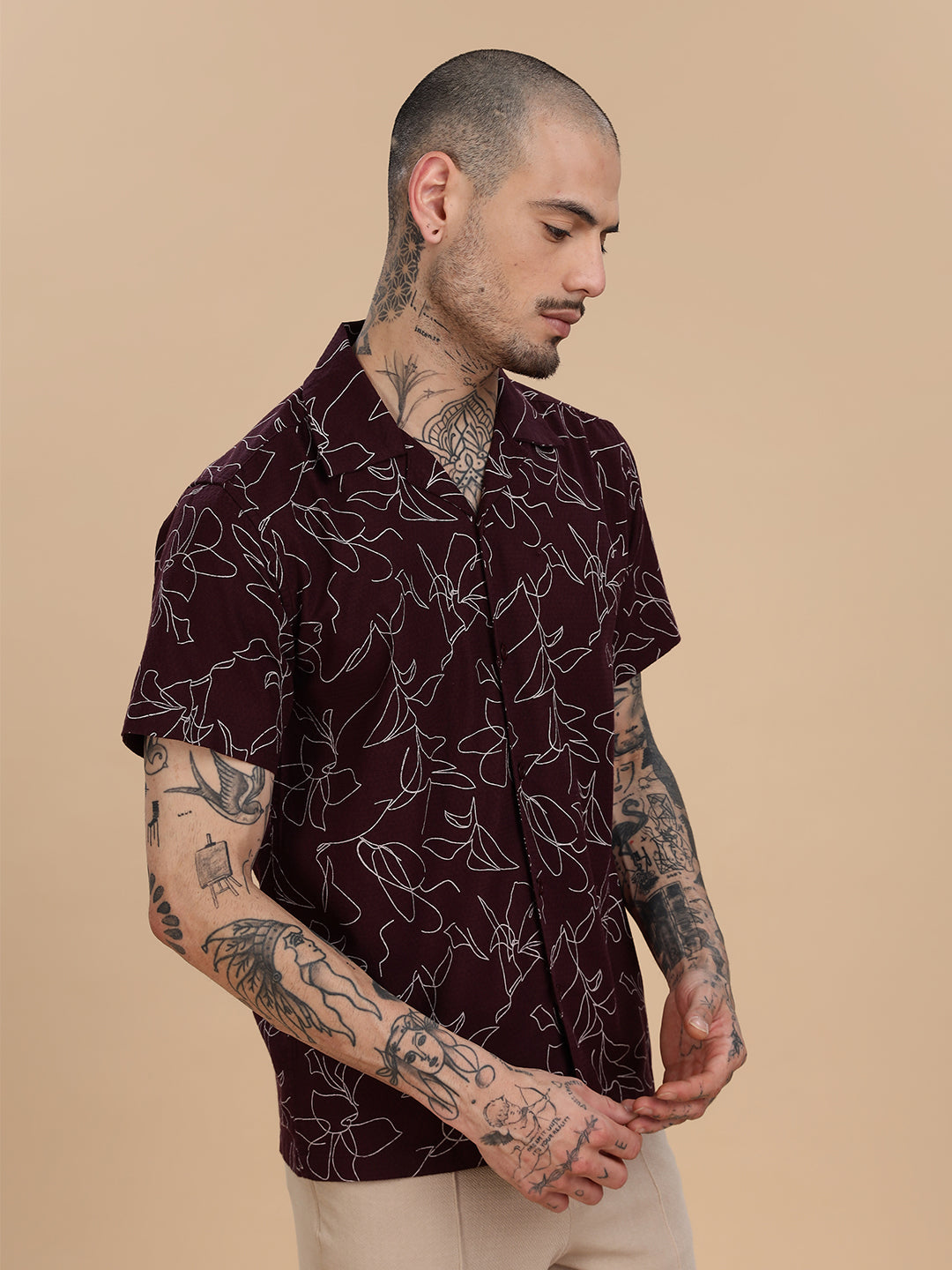 Maroon Cotton Linen Printed Shirt