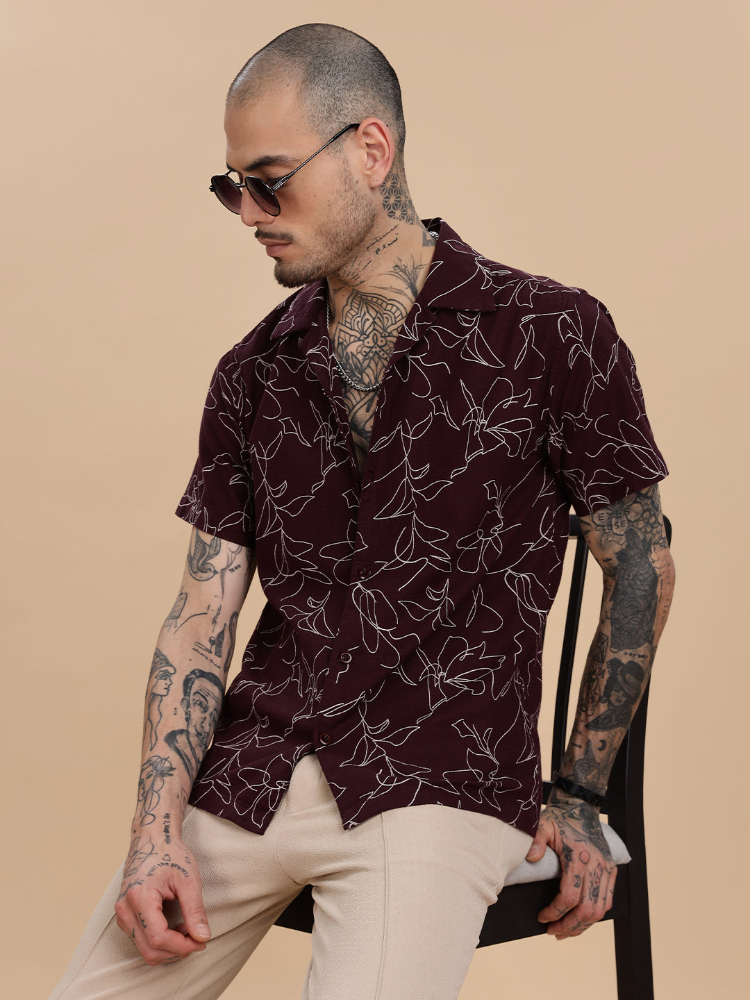 Maroon Cotton Linen Printed Shirt