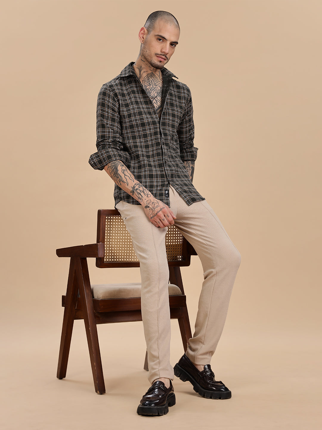 Dobby Checks Bottle Green Cotton Shirt