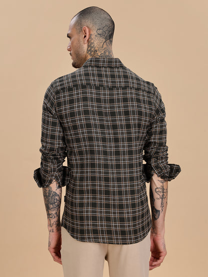 Dobby Checks Bottle Green Cotton Shirt