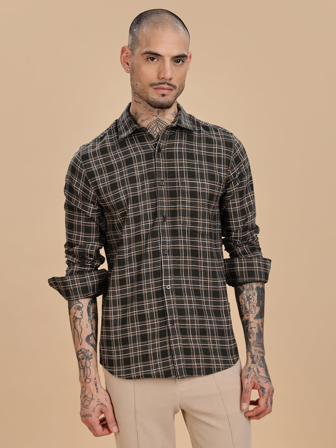 Dobby Checks Bottle Green Cotton Shirt
