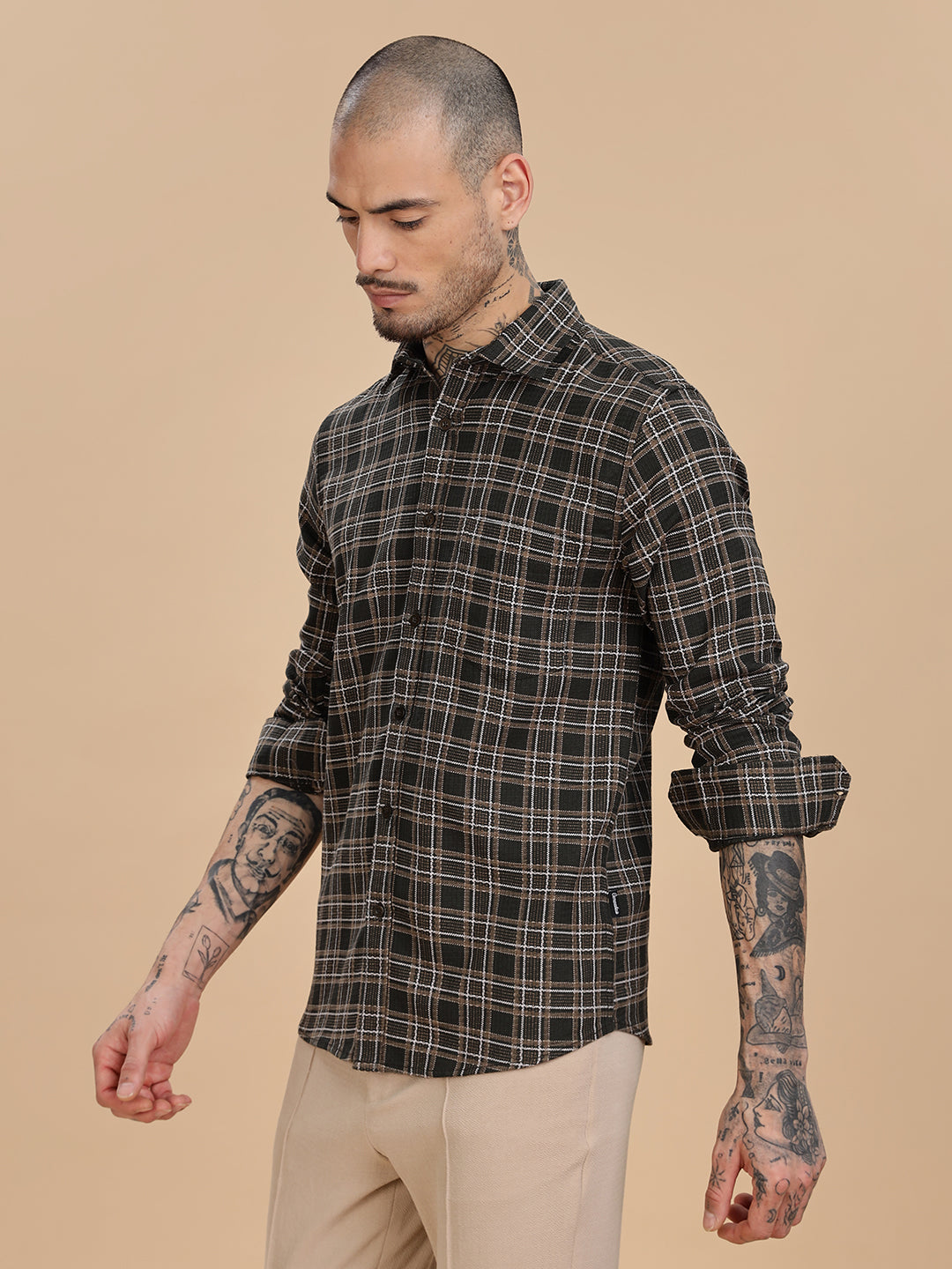 Dobby Checks Bottle Green Cotton Shirt