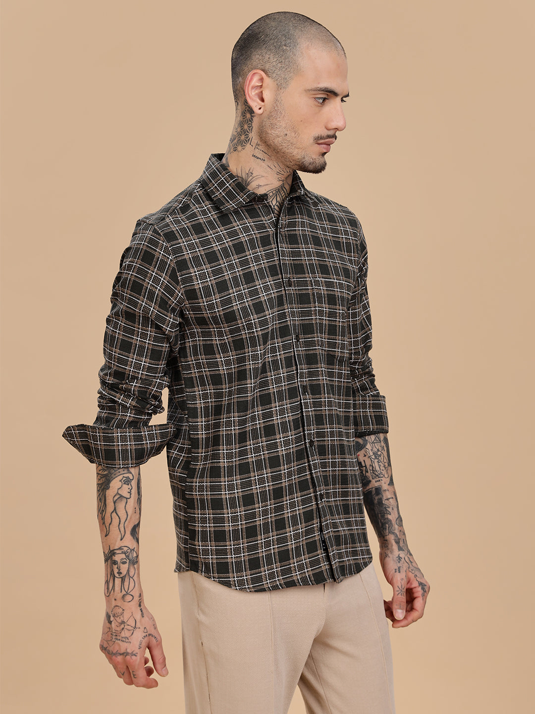 Dobby Checks Bottle Green Cotton Shirt