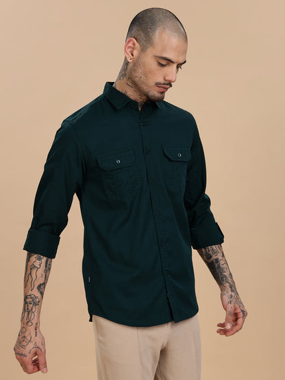 Solid Bottle Green Casual Shirt