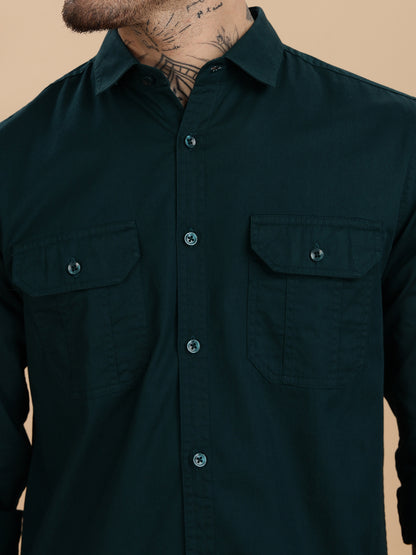 Solid Bottle Green Casual Shirt