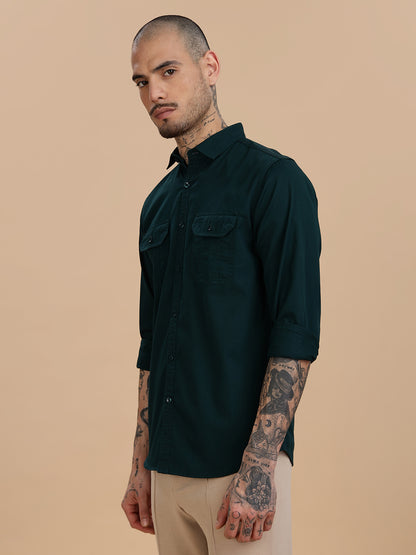Solid Bottle Green Casual Shirt