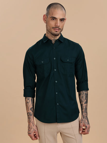 Solid Bottle Green Casual Shirt