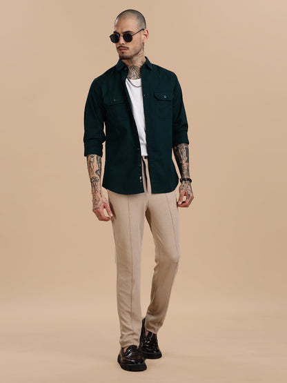 Solid Bottle Green Casual Shirt
