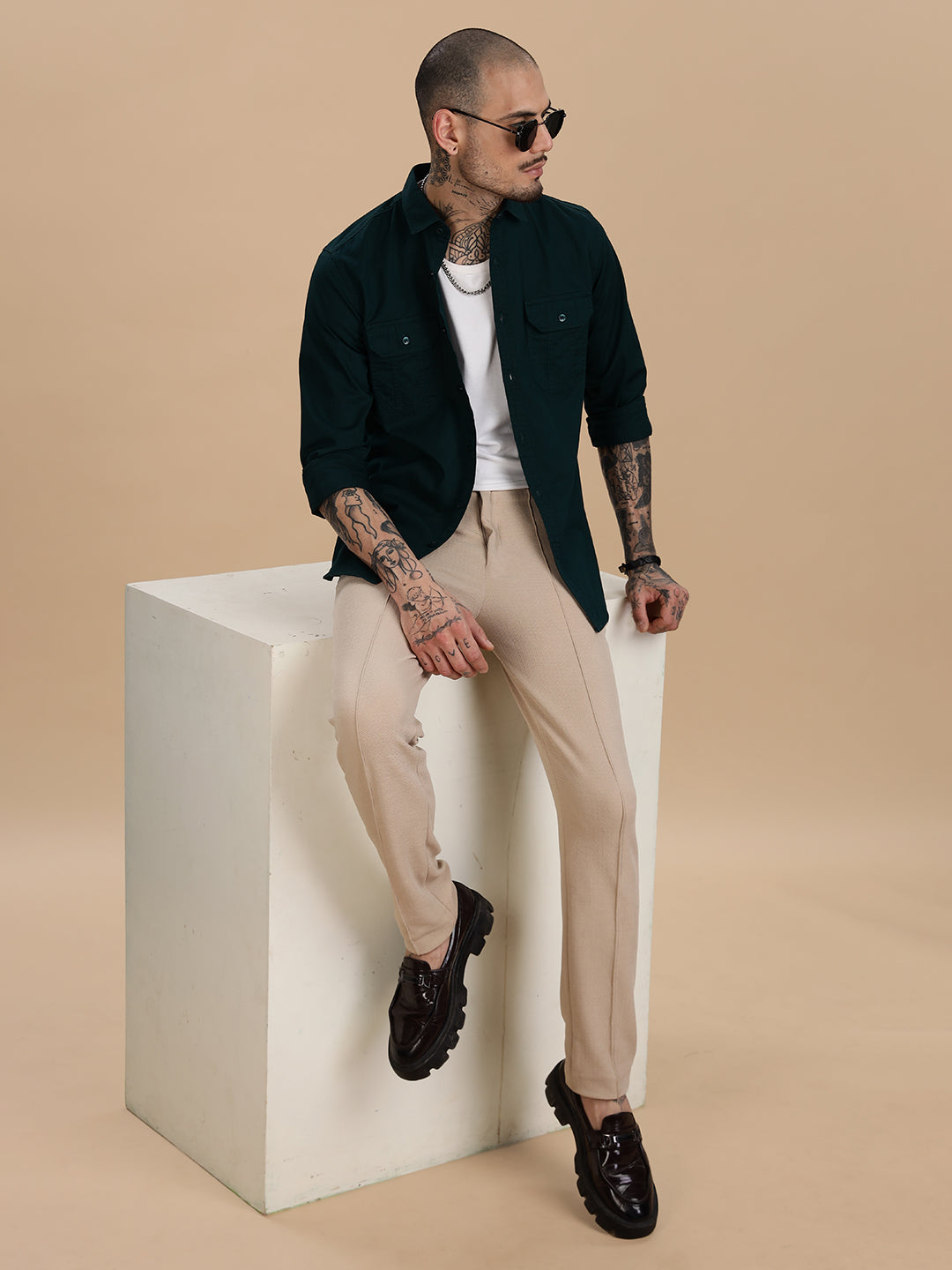 Solid Bottle Green Casual Shirt
