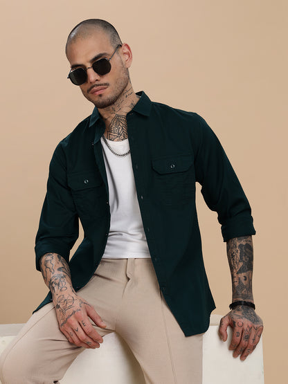 Solid Bottle Green Casual Shirt
