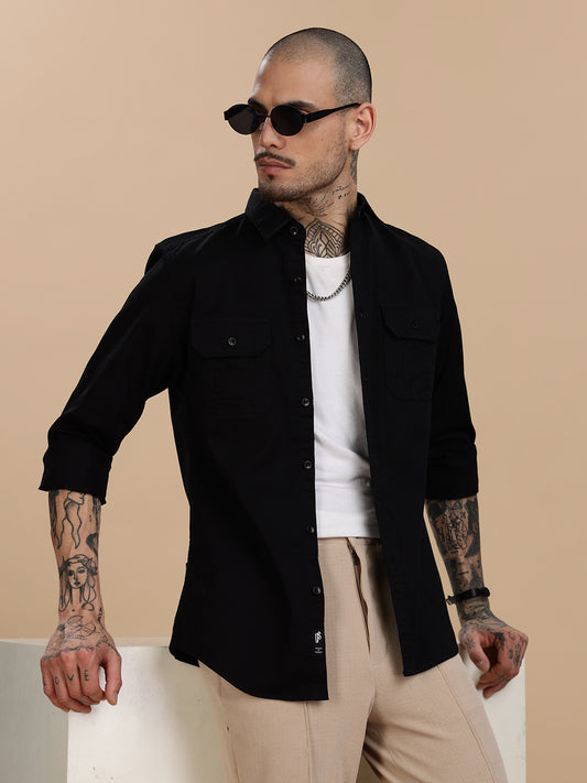 Double Pocket Black Casual Shirt