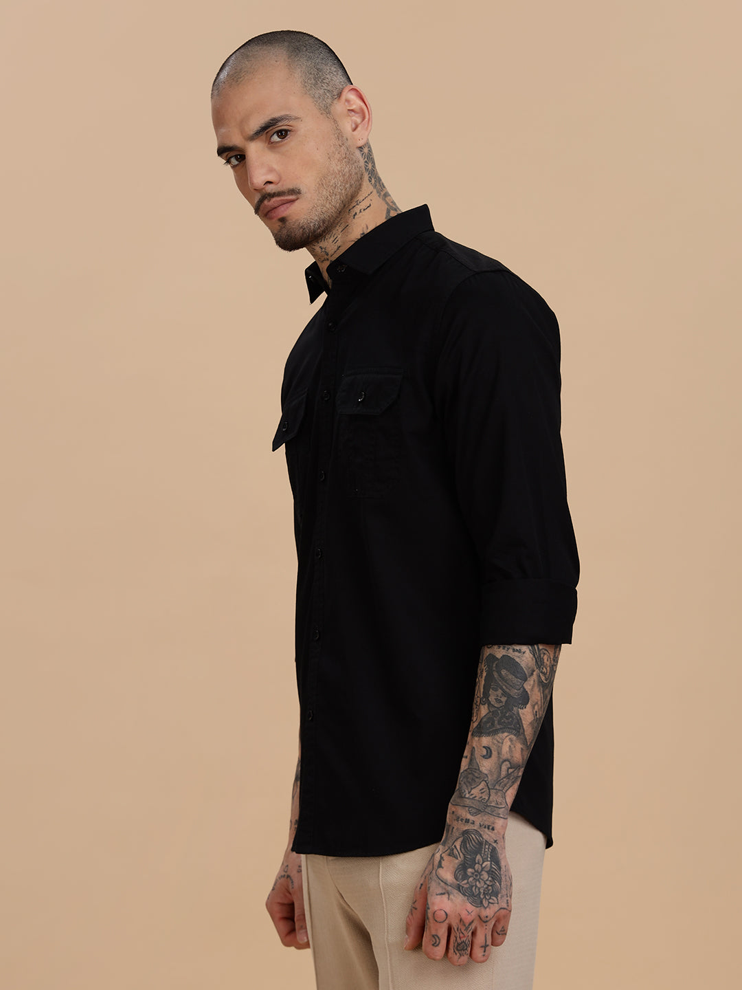 Double Pocket Black Casual Shirt