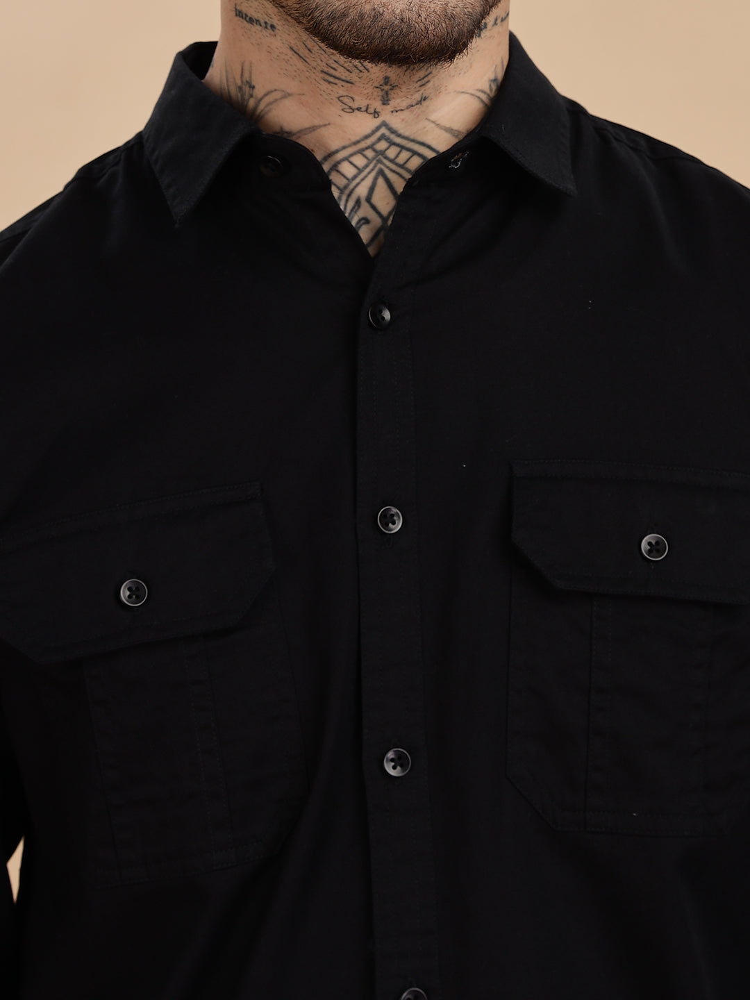 Double Pocket Black Casual Shirt