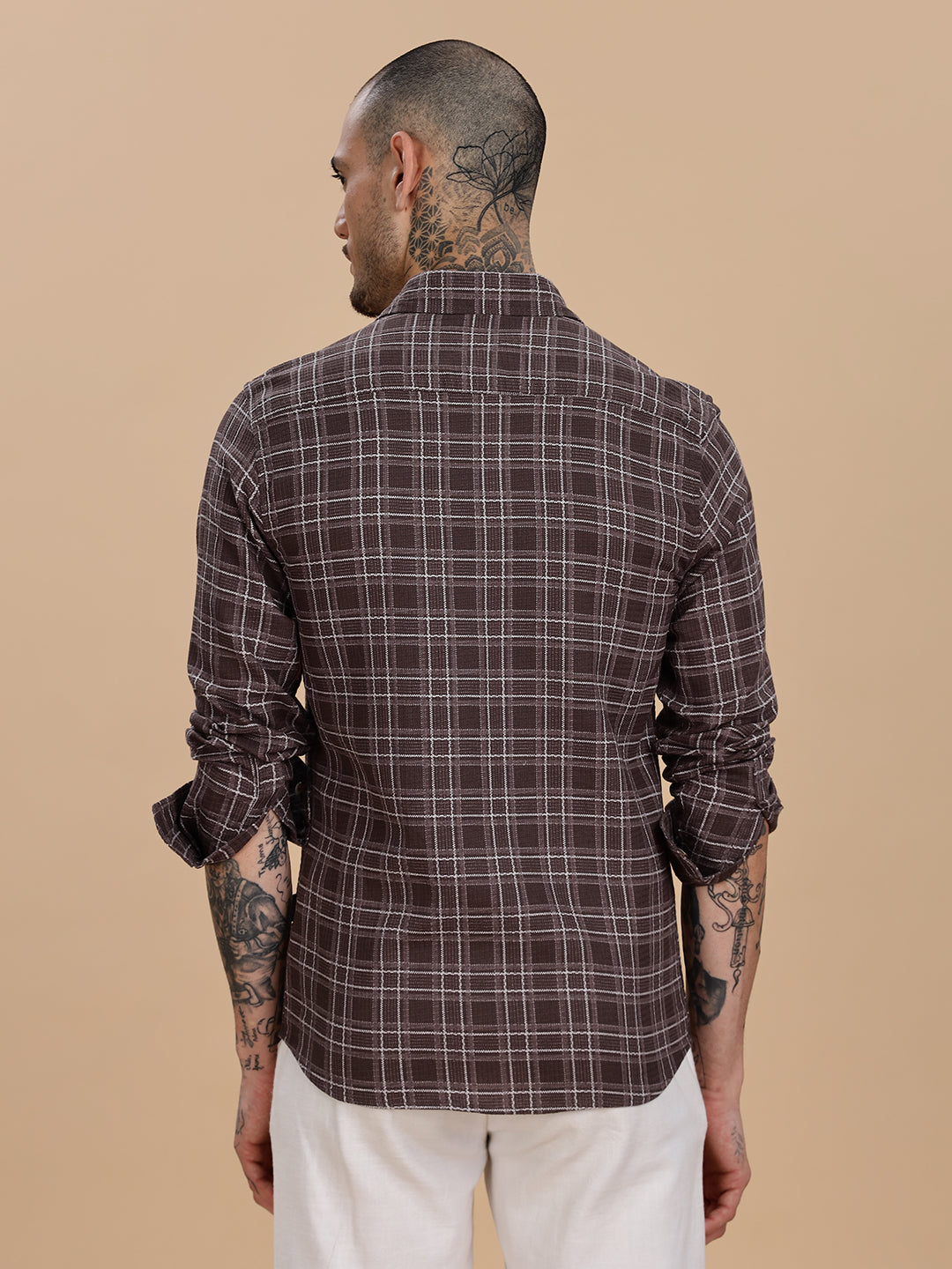 Dobby Checks Brown Cotton Casual Shirt