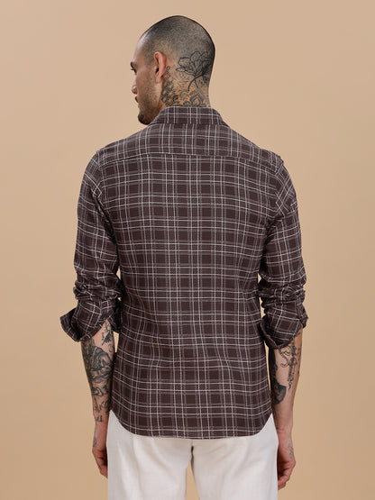 Dobby Checks Brown Cotton Casual Shirt