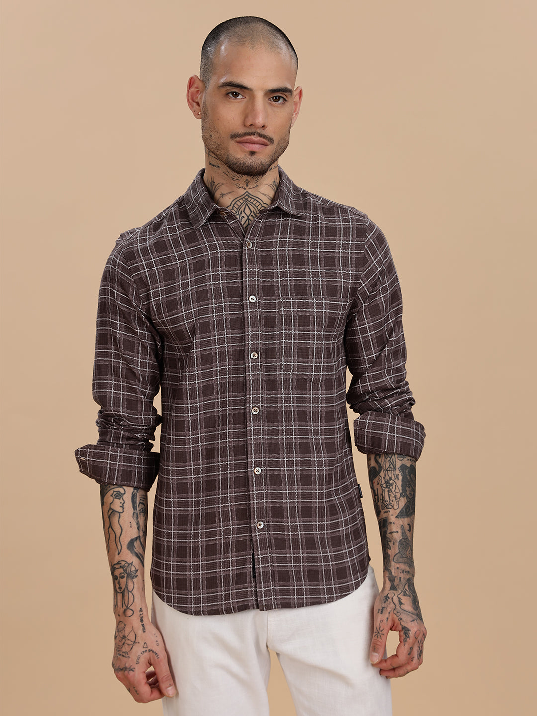 Dobby Checks Brown Cotton Casual Shirt