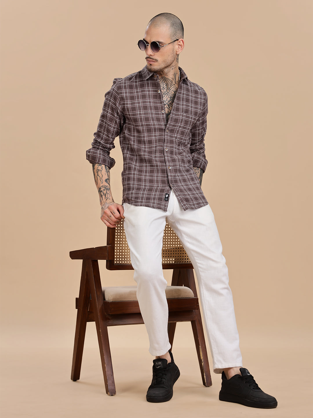 Dobby Checks Brown Cotton Casual Shirt