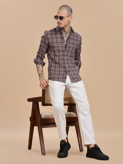 Dobby Checks Brown Cotton Casual Shirt