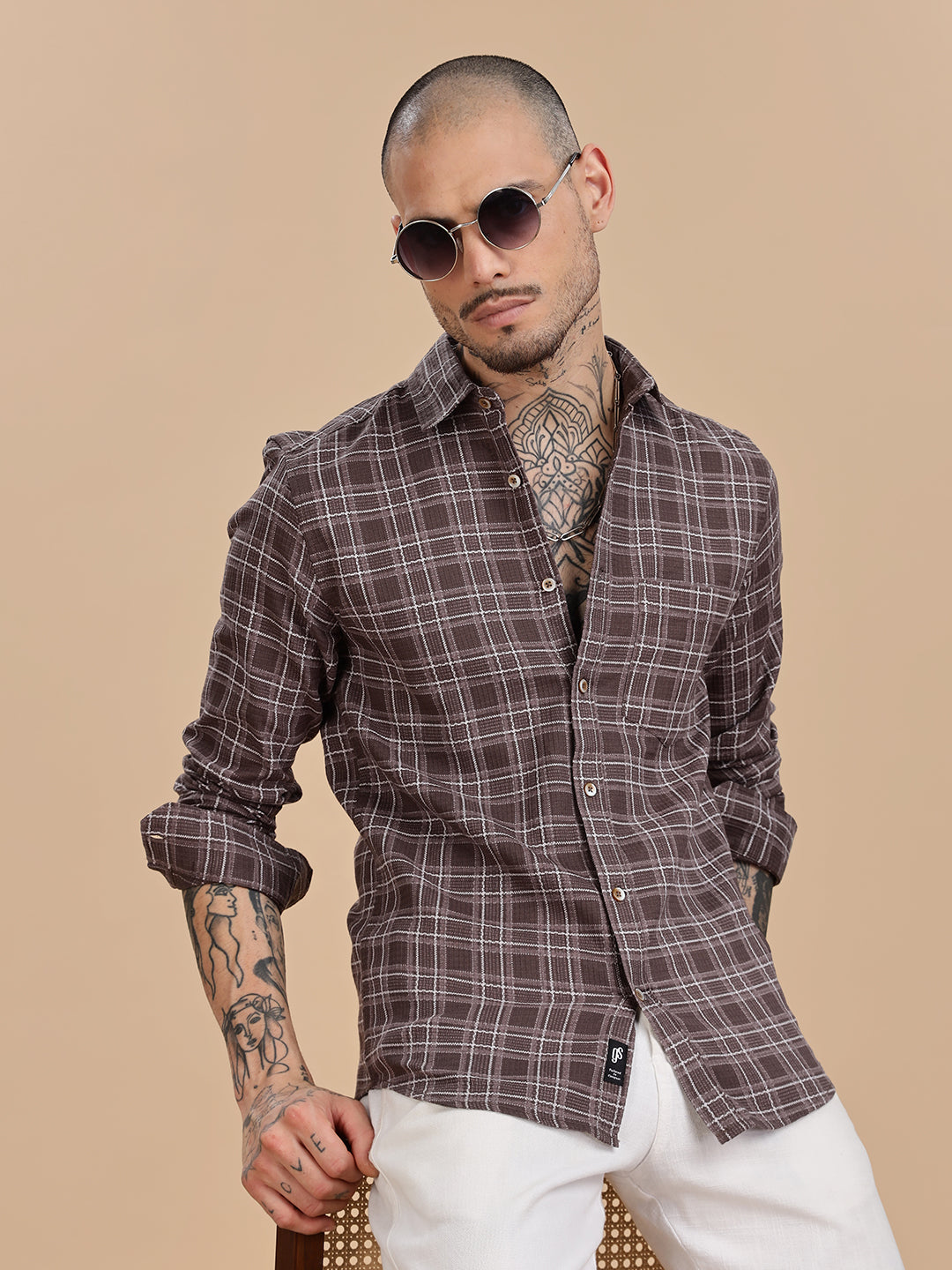 Dobby Checks Brown Cotton Casual Shirt