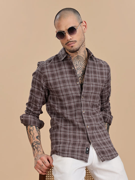 Dobby Checks Brown Cotton Casual Shirt