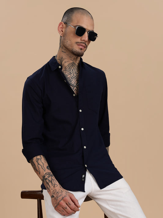 Navy Linen Solid Regular Fit Shirt