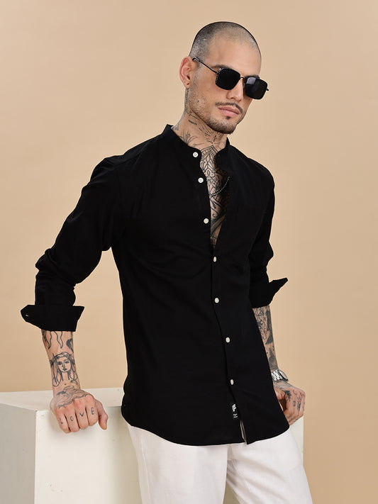 Black Linen Regular Fit Casual Shirt