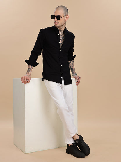 Black Linen Regular Fit Casual Shirt