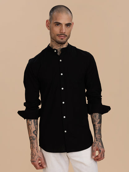 Black Linen Regular Fit Casual Shirt