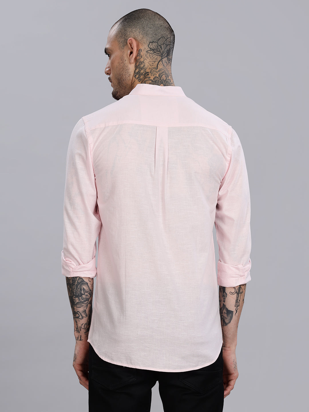 Mandarin Collar Slub Pink Linen Shirt
