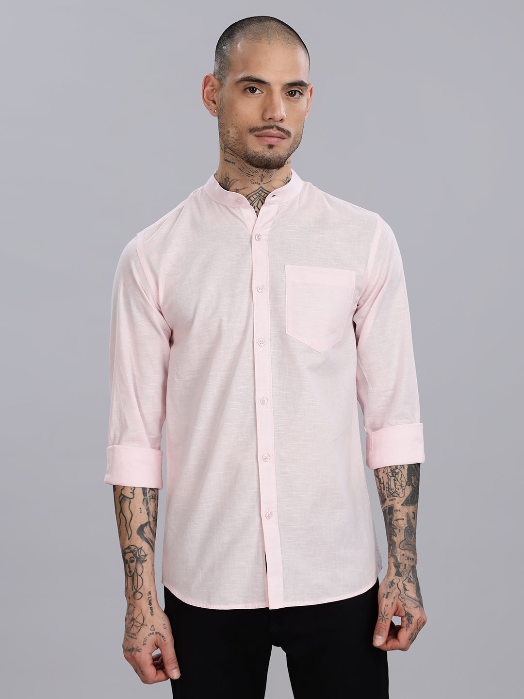 Mandarin Collar Slub Pink Linen Shirt