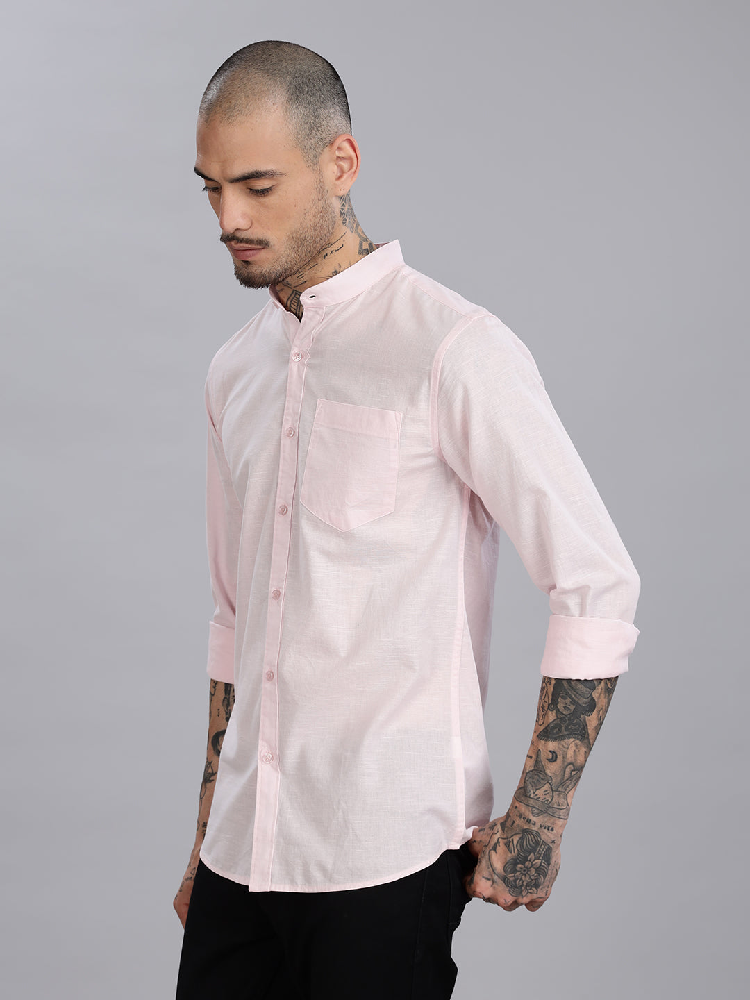 Mandarin Collar Slub Pink Linen Shirt