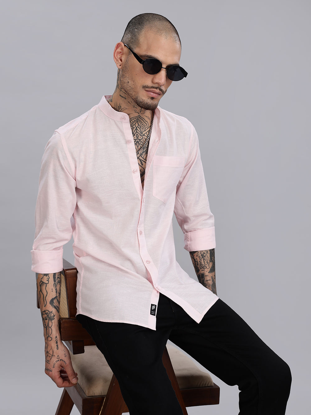 Mandarin Collar Slub Pink Linen Shirt