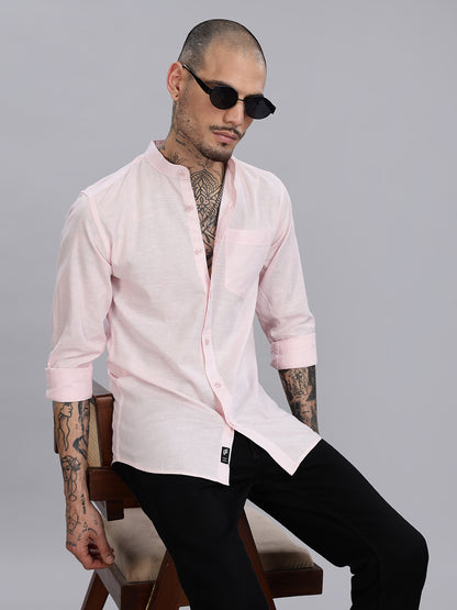 Mandarin Collar Slub Pink Linen Shirt