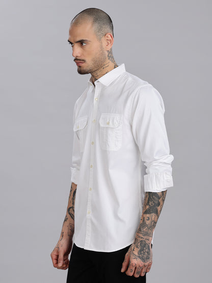 White Solid Cotton Casual Shirt