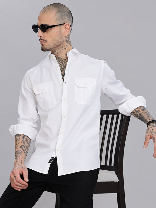 White Solid Cotton Casual Shirt