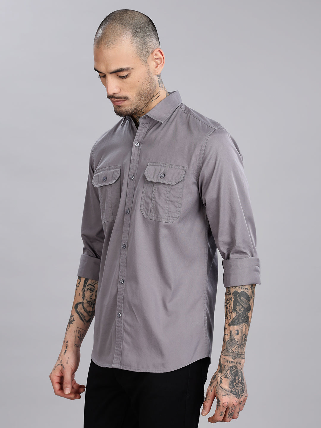 Double Pocket Grey Casual Shirt