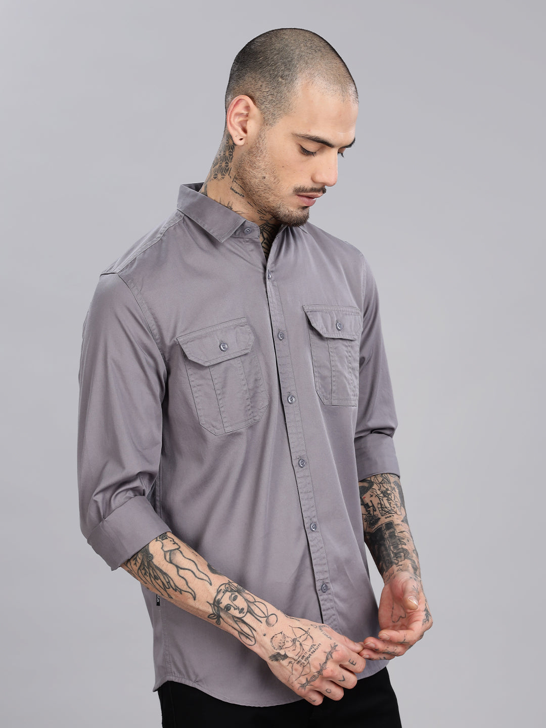 Double Pocket Grey Casual Shirt