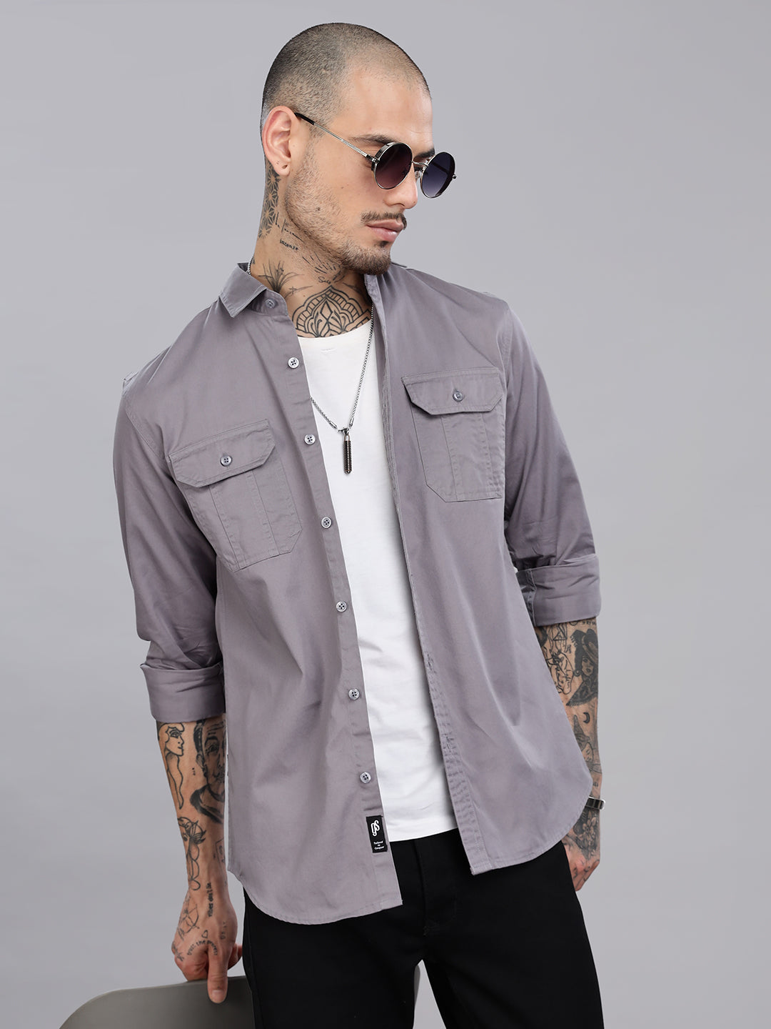 Double Pocket Grey Casual Shirt