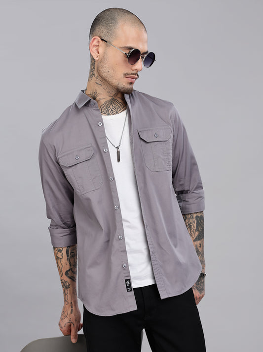 Double Pocket Grey Casual Shirt