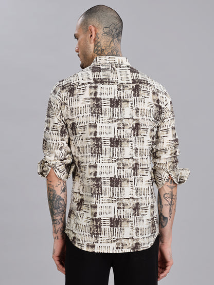 Beige Printed Cotton Linen Shirt